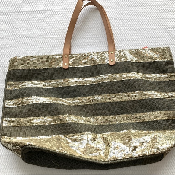 Muche Et Muchette Stylish Gold and Tan Burlap Tote Bag Waxed Bottom - Picture 11 of 12